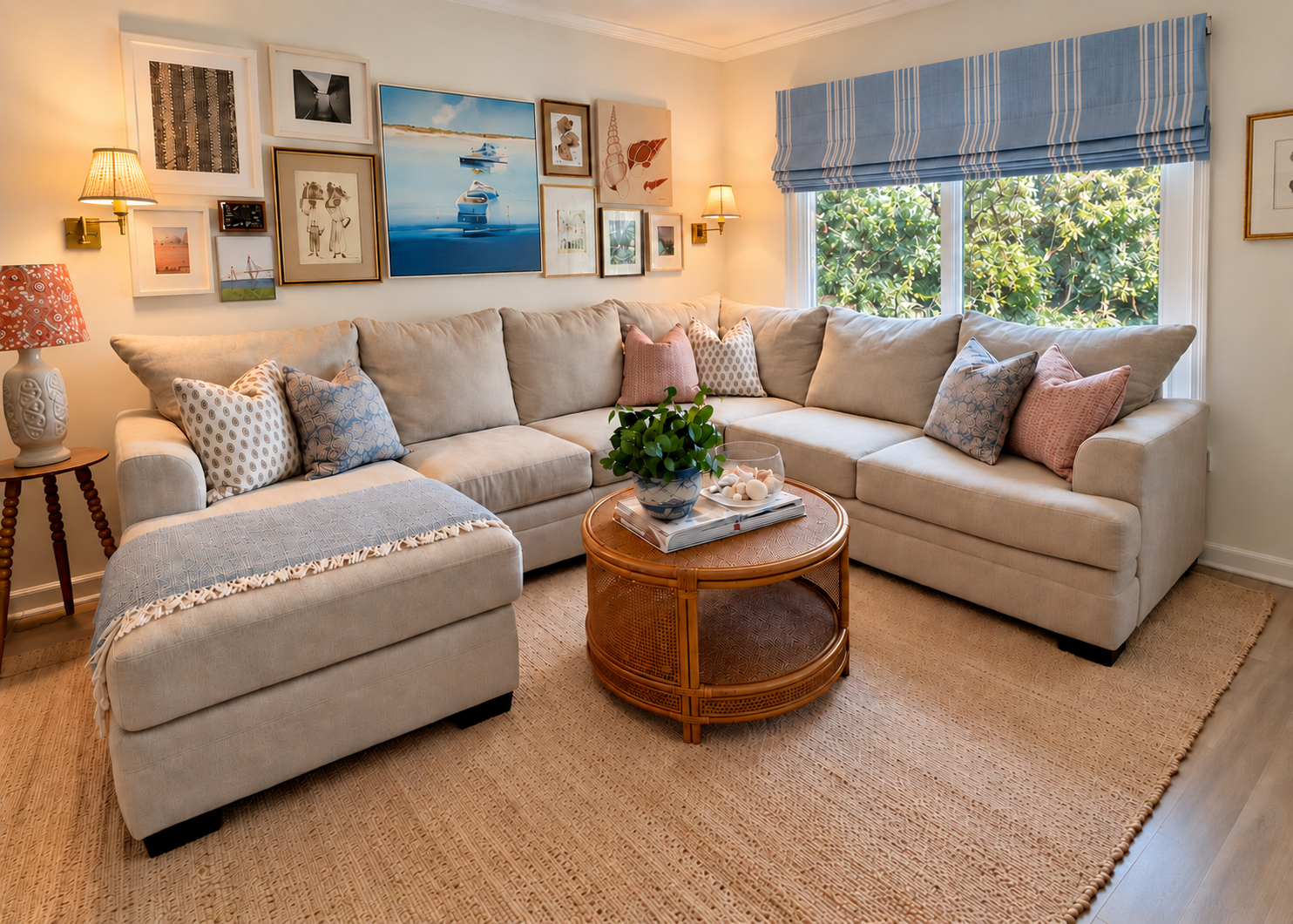 Warm coastal living room with a gallery wall, cream sectional sofa, patterned pillows, round woven coffee table, and blue-striped Roman shade