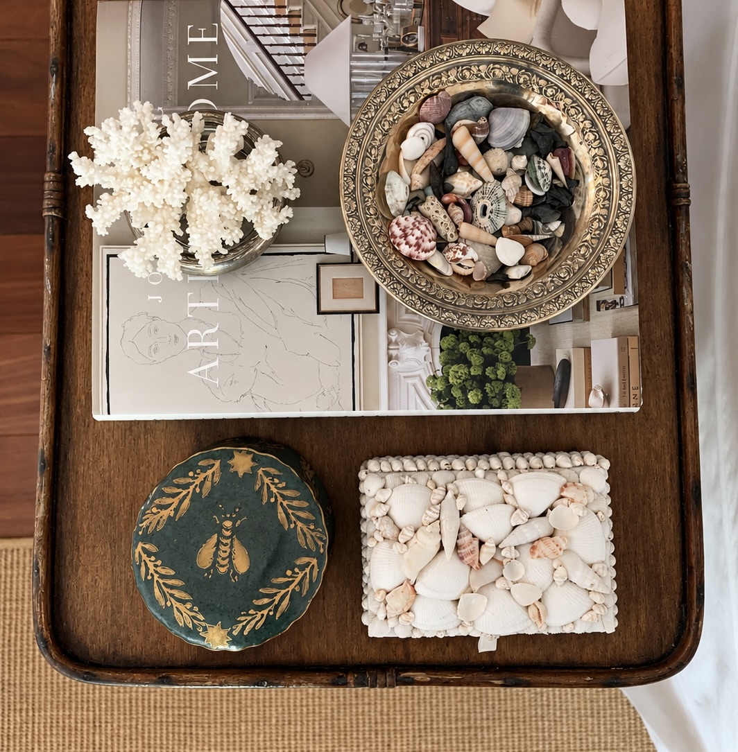 Overhead view of shells, art books, coral, and decorative objects on a wooden tray table